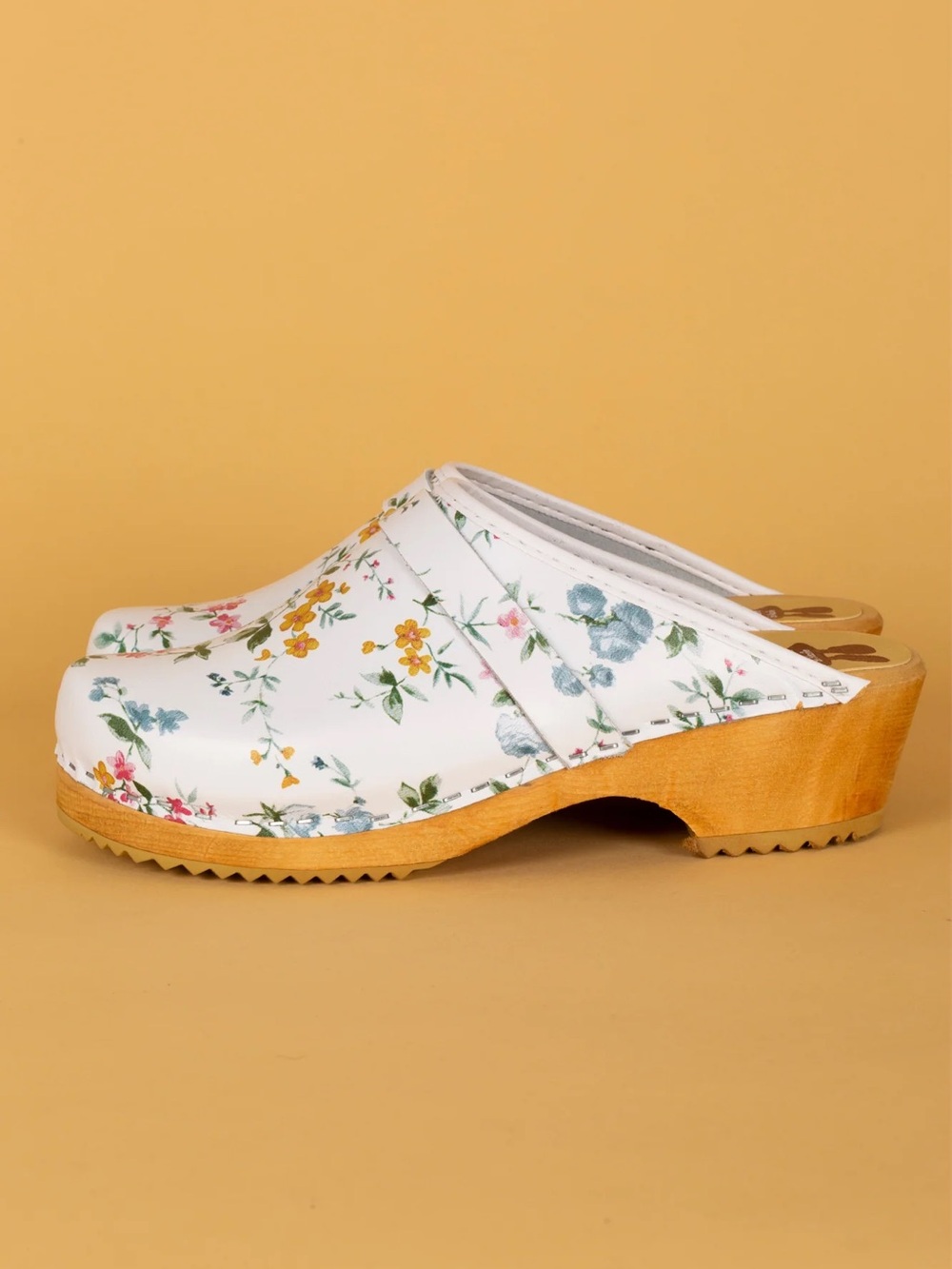 Floral Leather Clogs in White